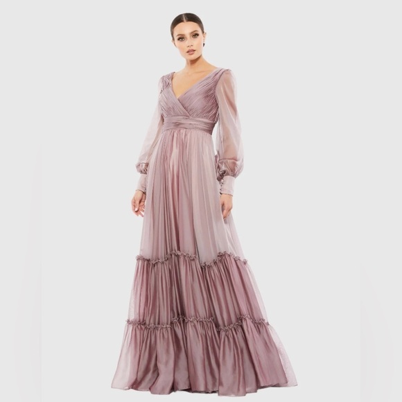 Mac Duggal 67864 NWOT Faux Wrap Long Sleeve Tiered Gown - Picture 1 of 6